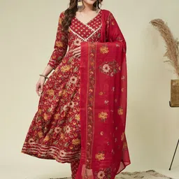 MOKOSH Floral Printed V-Neck Anarkali Pure Cotton Kurta With Trousers And Dupatta-image-4