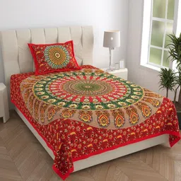 MANDAKINI Red & Green Ethnic Motifs Cotton 144 TC Single Bedsheet Set-1.82 m x 1.21 m-13