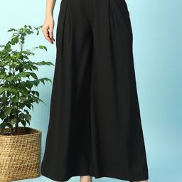 Oxolloxo Women Solid Elasticated With Button Closure Long Flared Pants-5