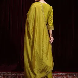 Vishudh Lime Green Geometric Woven Design Regular Sequinned Kurta With Palazzo & Dupatta image 4