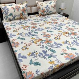 Pure Decor White & Blue Floral 350 TC Queen Bedsheet with 2 Pillow Covers-picture-32