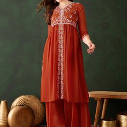 Sangria Women Embroidered A-Line Kurta With Palazzos-31