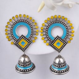 Sangria Yellow Silver-Plated Artificial Stones Studded Oxidised Drop Earrings-4