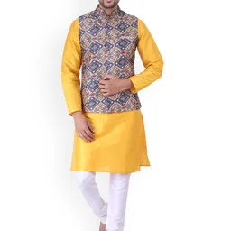 Sadree Mandarin Collar Dupion Silk Kurta And Churidar With Nehru Jacket Set-picture-2