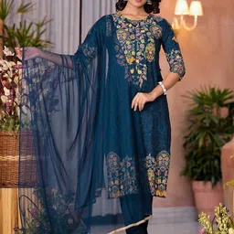 Juniper Floral Embroidered Liva Kurta with Trousers & With Dupatta-picture-30