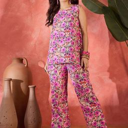 Sangria Floral Printed Sleeveless Top With Trouser Co-Ords-picture-4