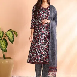 KALINI Floral Printed V Neck Straight Kurta With Trousers & Dupatta-picture-49