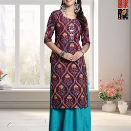 HERE&NOW Women Pack of 3 Ethnic Motifs Printed Round Neck Crepe Kurta-image-84