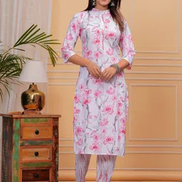 JAHIDA COMFORT WITH STYLE Women Floral Printed Regular Pure Cotton Kurta with Trousers-image-20