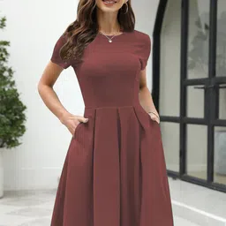 Sugathari Women Solid Polyester Round Neck A-Line Midi Dress-image-49