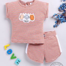 YK X Tinyo Infant Girls Pure Cotton Striped Kitty Face Applique Detail Top & Shorts-image-11