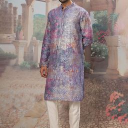 ASUKA Men Floral Embroidered Silk Kurta with Trousers-image-8