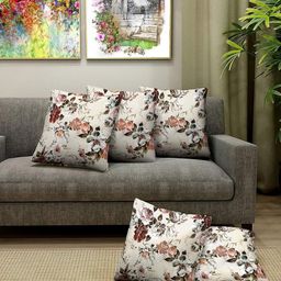 Blue Grass Cream-Coloured & Red 5 Pieces Floral Satin Square Cushion Covers-image-39