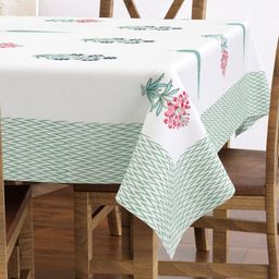 Texstylers White & Green Floral Printed Anti-Slip Cotton 6-Seater Table Cover-image-25