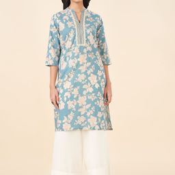 RANGMANCH BY PANTALOONS Floral Printed Mirror Work Mandarin Collar Straight Kurta-picture-15
