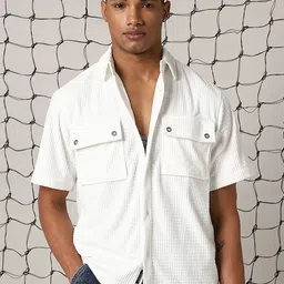 Hubberholme Men Classic Spread Collar Double Pocket Textured Fabric Oversized Casual Shirt-image-18