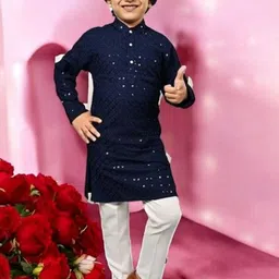 Qtsy Boys Floral Embroidered Regular Mirror Work Pure Cotton Kurta with Pyjamas-picture-3