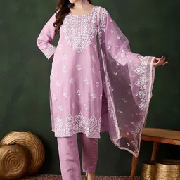 MANVAA Women Floral Embroidered Regular Thread Work Kurta with Salwar & With Dupatta-image-99