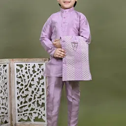 BT DEZINES Boys Band Collar Straight Cotton Silk Kurta With Trousers & Nehru Jacket-45