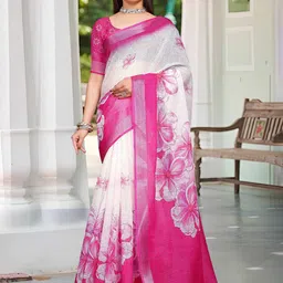 ZILVIRA Floral Printed Pure Linen Block Print Saree-52