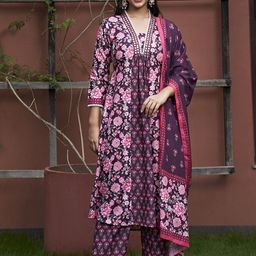 Colors of Earth Women Floral Printed Regular Kurta with Trousers & With Dupatta-image-98