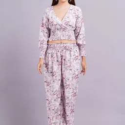 JC4U Printed V-Neck Top With Trousers Co-ords-image-42