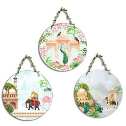 SEHAZ ARTWORKS New circle Green & Pink 3 Pieces Printed Wooden Wall Hanging Decor-image-71