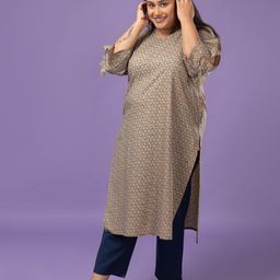 Sizeupp Women Geometric Printed A-Line Panelled Cotton Kurta-image-4