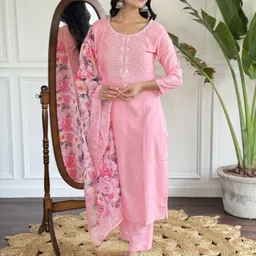 KALINI Floral Yoke Design Sequinned Straight Kurta With Trousers And Dupatta-image-16