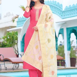 KALINI Floral Embroidered Chanderi Silk Straight Kurta With Trousers & Dupatta-image-14