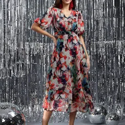 Justin Whyte Floral Print Cowl Neck Chiffon A-Line Midi Dress-picture-55