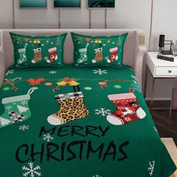 Bromwick Fluorescent Green Cartoon Characters 250 TC King Bedsheet with 2 Pillow Covers-image-40