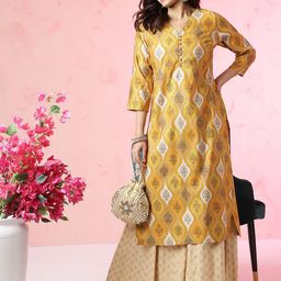 Anouk Yellow Ethnic Motifs Printed V-Neck Chanderi Silk Straight Kurta-6
