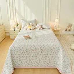 JC HOME Pink & White Floral Printed Double King Bed Cover With Pillow Cover-image-39