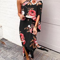 KPOP Women Floral Print One Shoulder A-Line Maxi Dress-image-77
