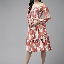 BAESD Floral Printed Off-Shoulder Georgette Layered Fit & Flare Dress-69