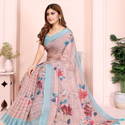 DIVASTRI Women Peach Floral Printed Zari Linen Blend Saree-picture-16
