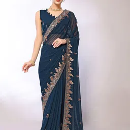 FABMORA Floral Embroidered designer Saree with blouse piece-picture-18