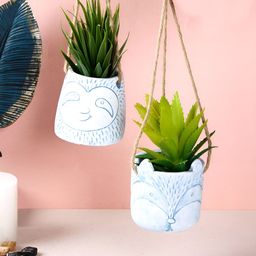 TAYHAA White & Blue 2 Pieces Forest Friends Printed Ceramic Hanging Planters-image-65
