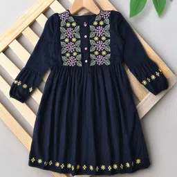 BAESD Girls Floral Embroidered Puff Sleeve Cotton Fit & Flare Midi Dress-image-99