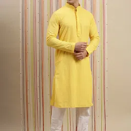 Sanwara Men Yellow Floral Embroidered Chikankari Pure Cotton Kurta with Churidar-42