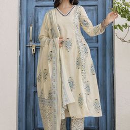 Anouk Floral Printed Pure Cotton A-Line Kurta With Trousers & Dupatta image 3