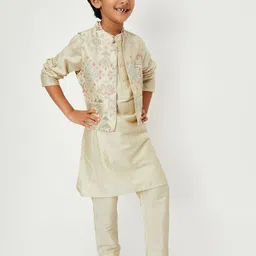 max Boys Embroidered Thread Work Band Collar Straight Kurta With Pyjamas & Waistcoat-37