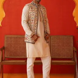 Jompers Floral Embroidered Chikankari Kurta with Pyjamas & Waistcoat-image-47