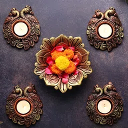 The handicraftian Bronze-Coloured & Gold-Toned 4 Pieces Textured Terracotta Candle Holders-image-56
