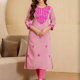Uparna Women's Dusty Pink Silk Embroidered Calf Length Straight Kurta-picture-55