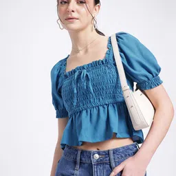 glitchez Teal Tones Puff Sleeve Smocked Peplum Top-image-66