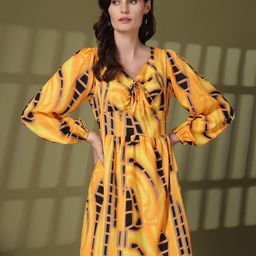 plusS Tie and Dye Print Tie-Up Neck Puff Sleeve Fit & Flare Mini Dress-picture-14