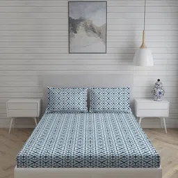 Living scapes by Pantaloons Blue & White Geometric 210 TC Queen Bedsheet with 2 Pillow Covers-image-52