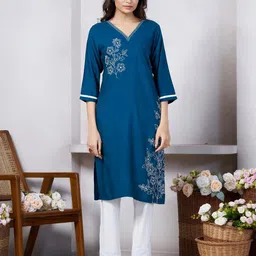 MISS CLOTHING Women Floral Embroidered V-Neck Straight Kurtas-image-60
